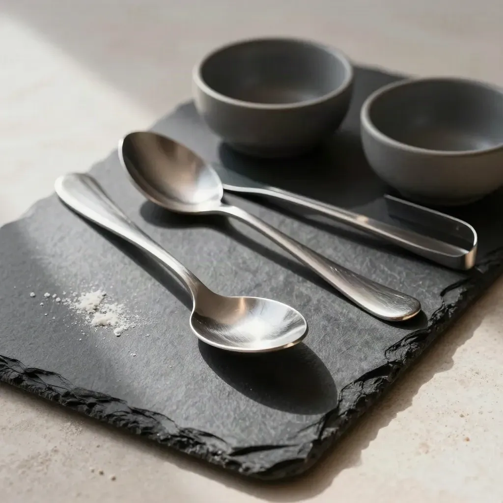 Stainless tasting spoons, prep bowls, tongs, and slate board on pale stone in soft daylight.