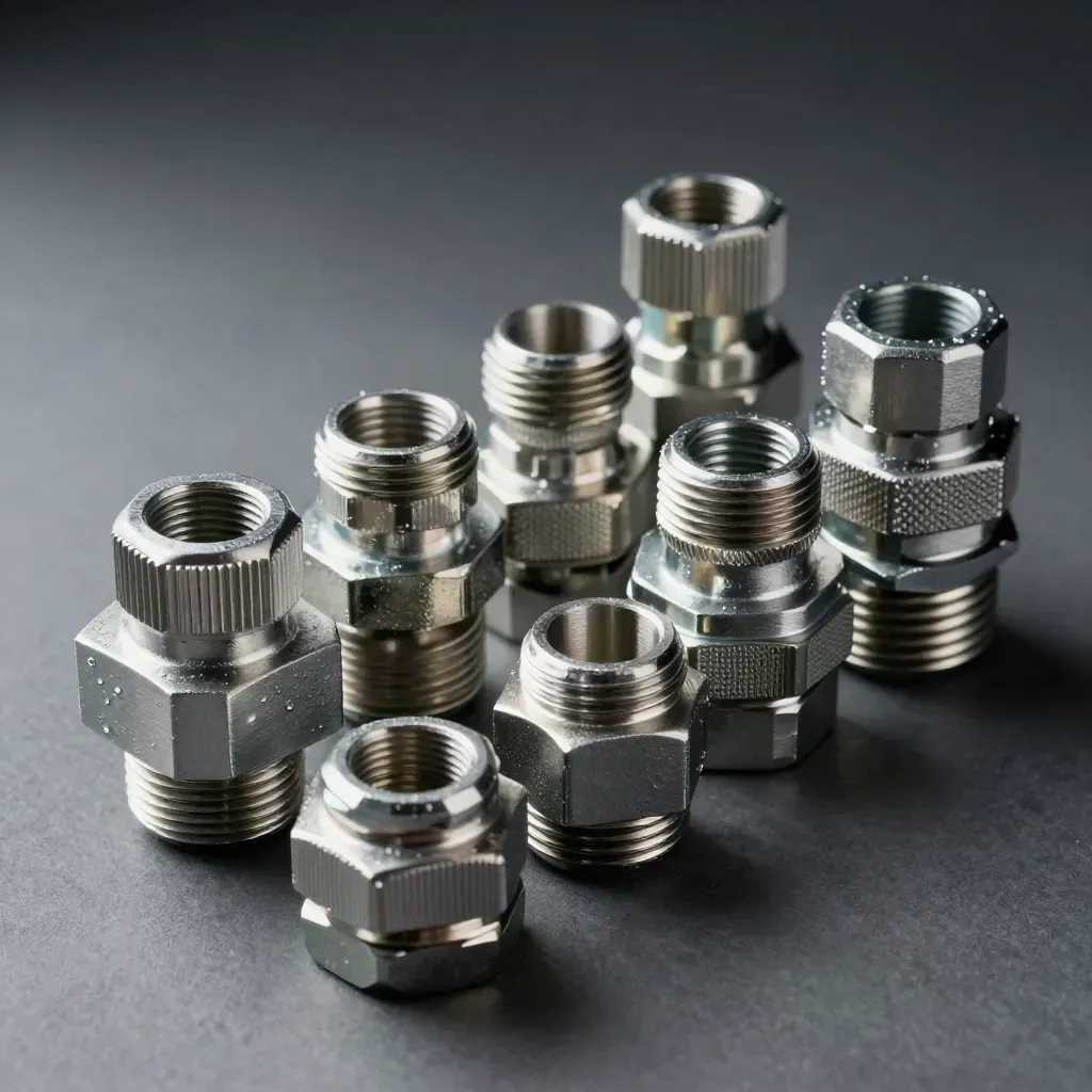 Galvanised cable glands and terminal blocks arranged on brushed metal with condensation and mist