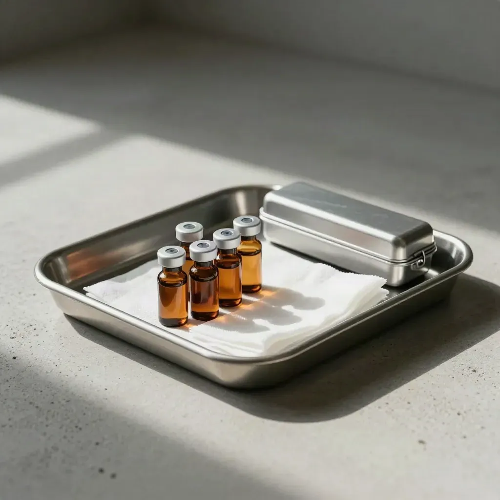 Clinical tray with amber vials, gauze and an aluminium case on pale concrete under raking light.