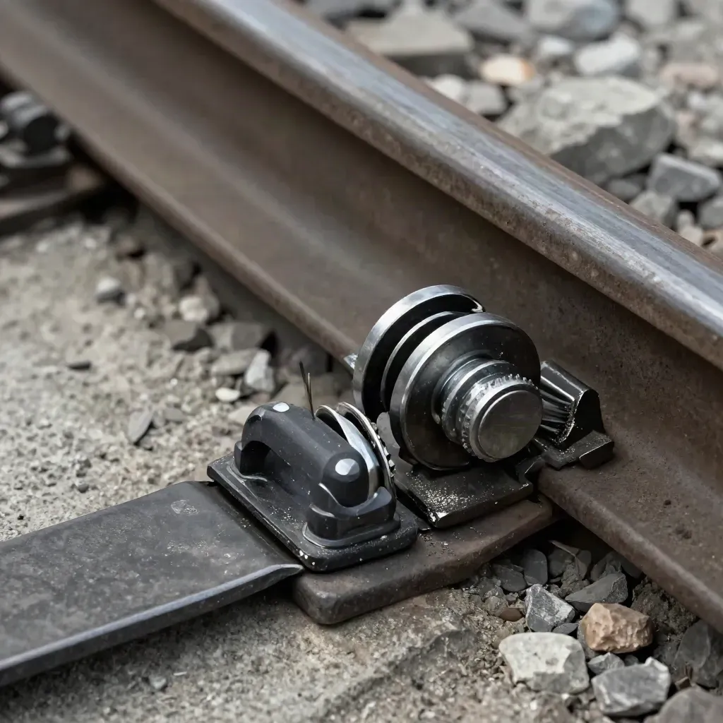 Macro rail fastener parts on a sleeper with grease, dust, and ballast in soft daylight.