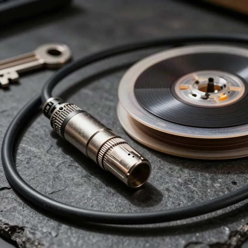 Extreme macro of audio gear on dark graphite stone: mic clip, XLR connector, cable coil, tape spool.