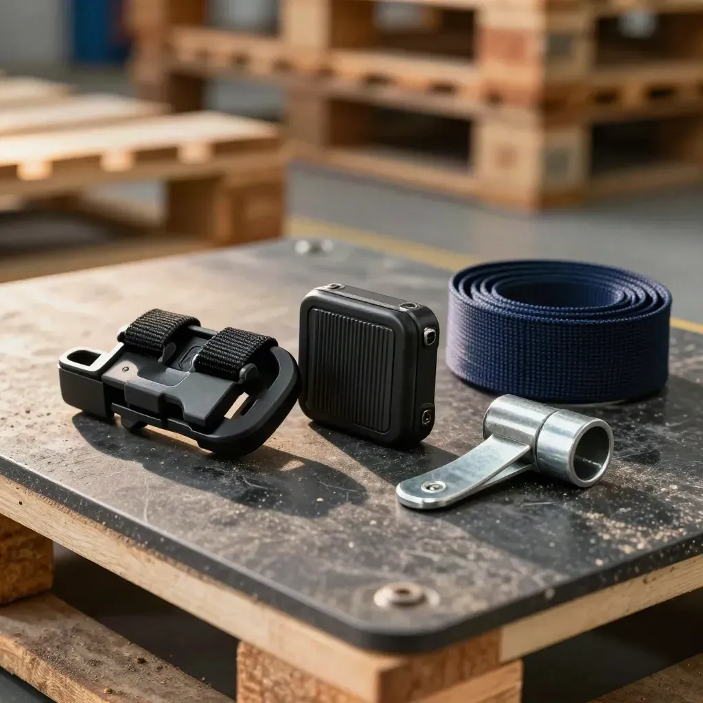 Warehouse strap buckle, RFID shell and rack protector on a dusty rubber mat, seen through a pallet slat.