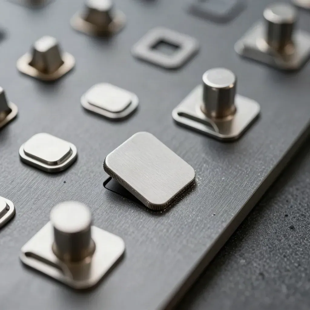 Macro of aluminium phase markers, magnetic tabs and steel clips on a graphite board