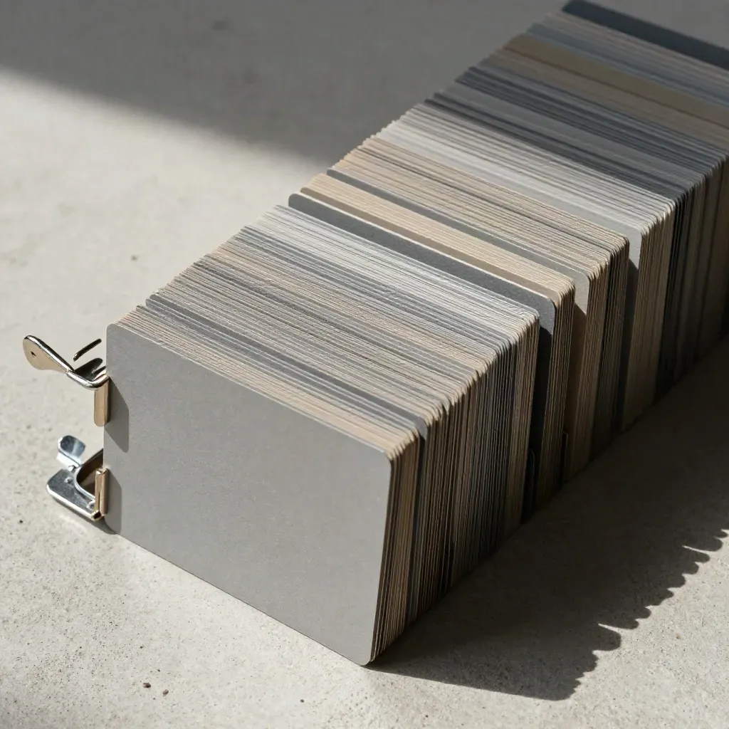 Index dividers, punched cards, and binder rings on pale concrete under dramatic side light.