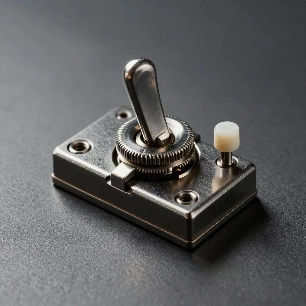 Macro of a toggle switch mid-position on brushed metal with a tiny white peg.