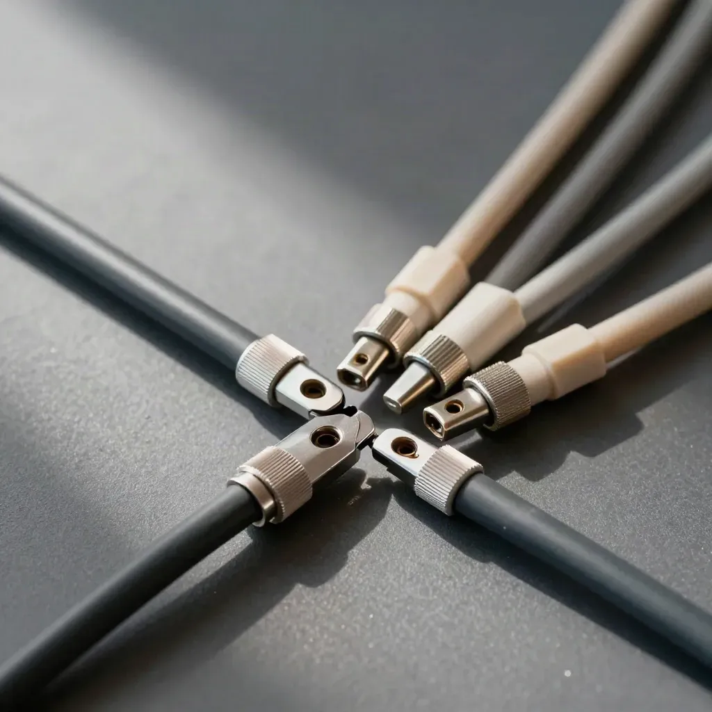 Diagonal cable splitter and ferrules on graphite surface with soft daylight and long shadows