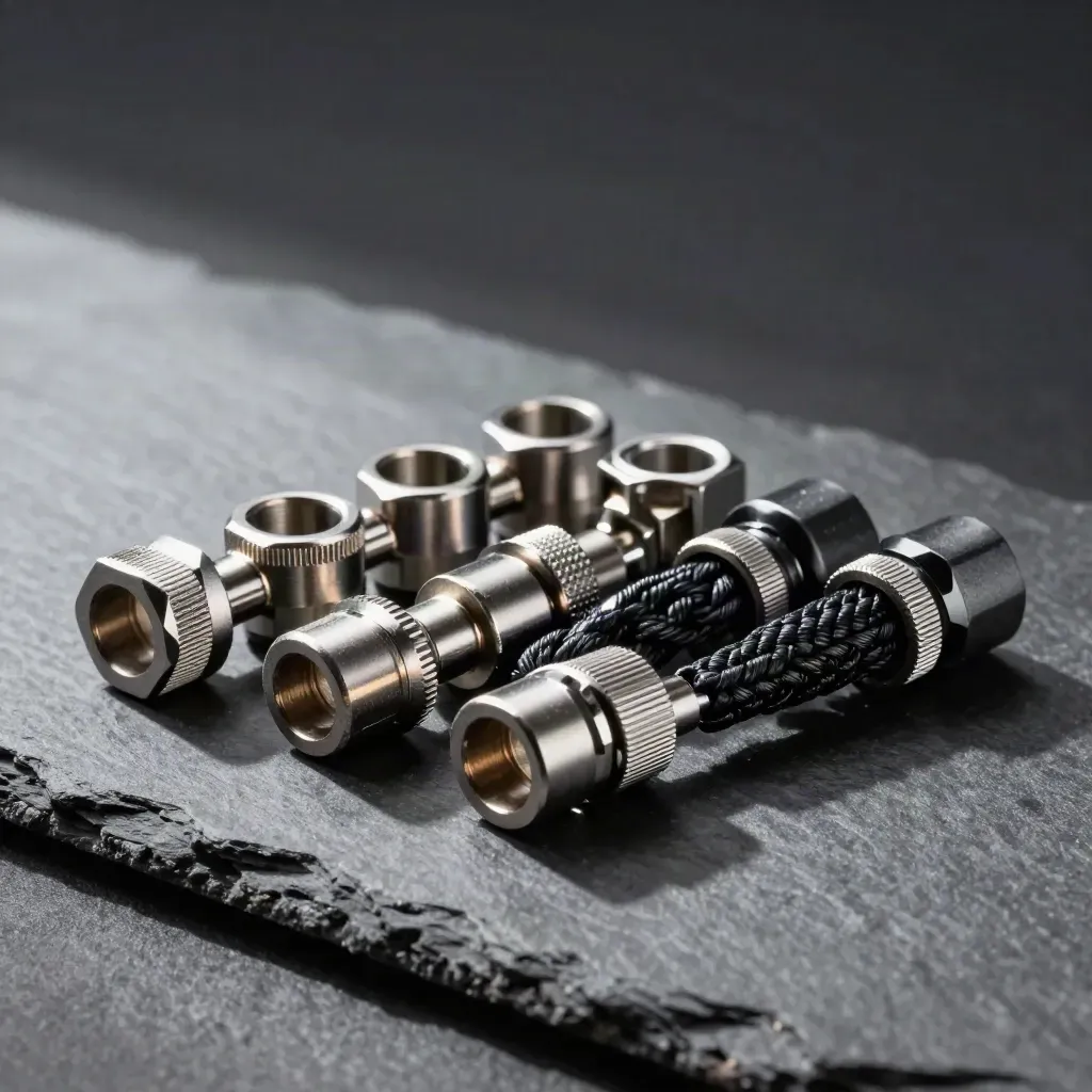 Metal couplers and braided connector ends on slate under dramatic studio light.