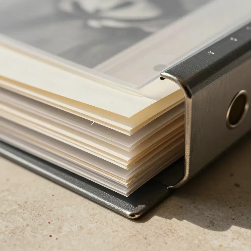 Archive combs, perforated paper sleeves and a metal file clip on a graphite stone surface.