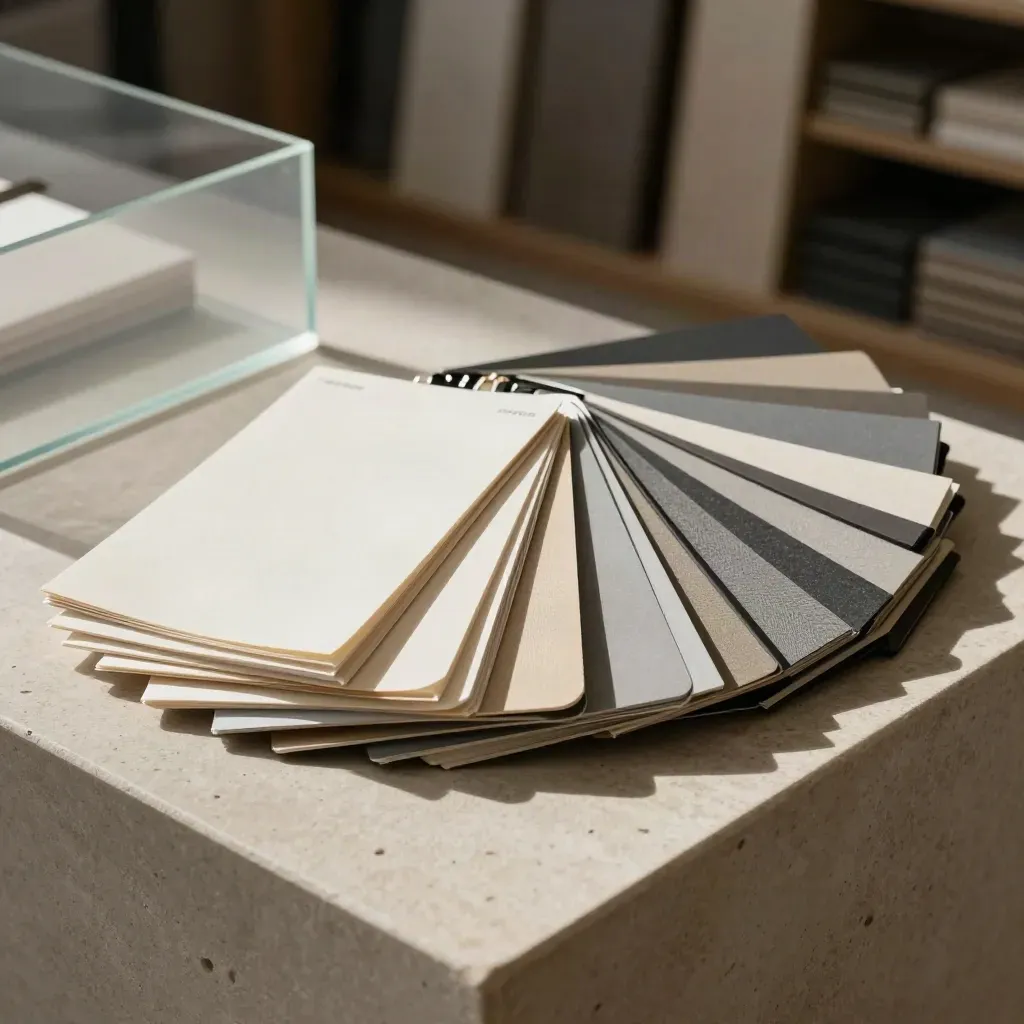 Agency swatch decks, sample chips and binders on pale stone in dramatic studio light