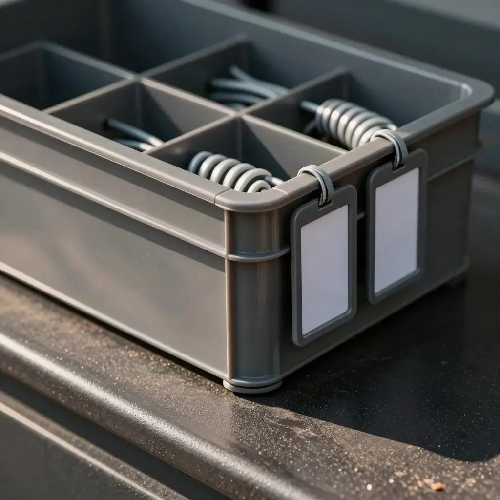 Top-down close crop of storage bin corners, relay modules, cable ties and asset-tag shells on a dark surface.