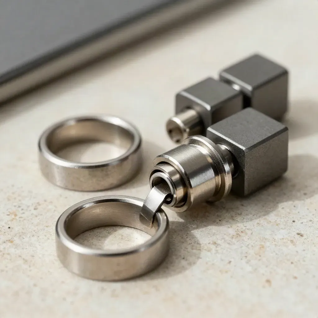 Linked metal rings, connectors, modular blocks and a steel coupler on pale stone.