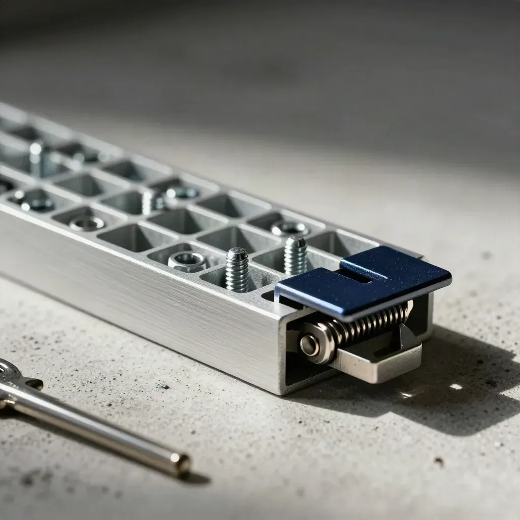 Brushed aluminium blocks and spacers on pale concrete, lit dramatically with a spring latch half raised.