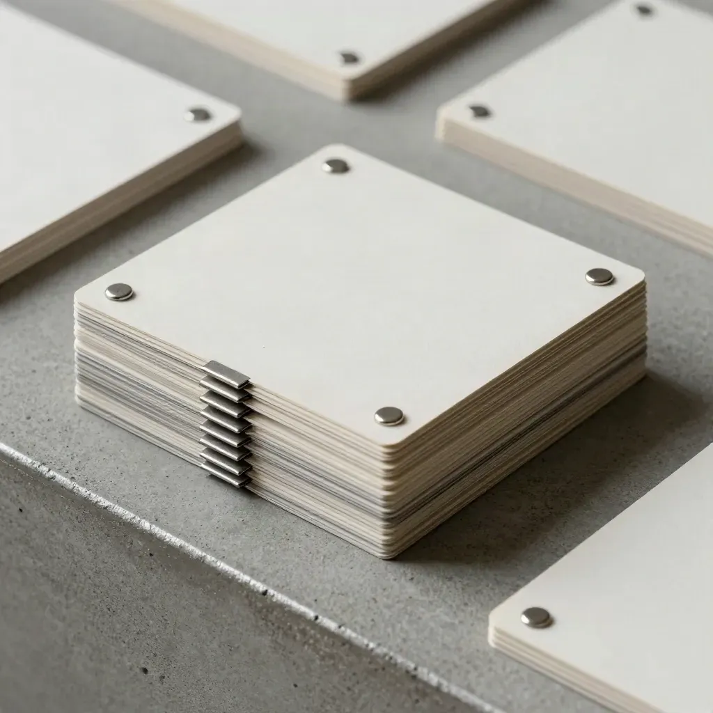 Top-down modular stack of archival cards, divider slats, magnetic dots and precision clips on concrete.