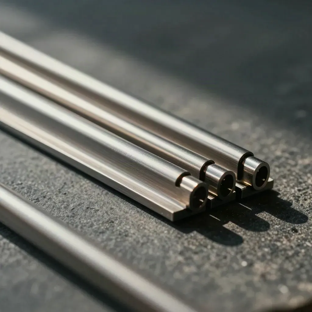 Extreme macro of aligned metal rails and connectors on dark stone, lit by soft side daylight.