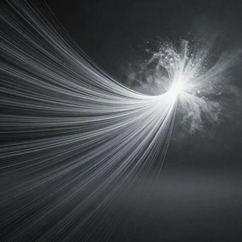 Abstract silver filaments converge into a white bloom in dark graphite haze.